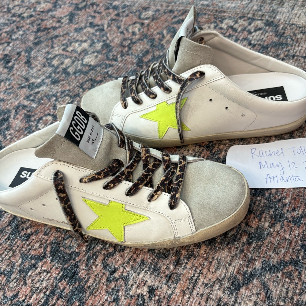 Golden Goose White Sneakers with Neon Yellow Star and Leopard Laces